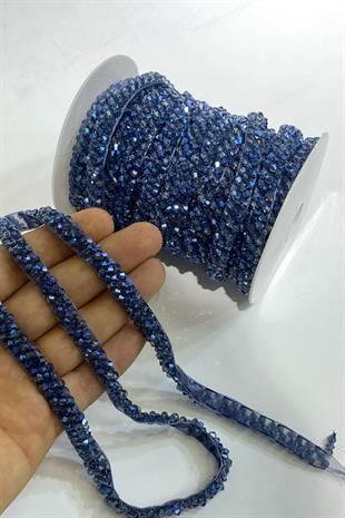 İndigo Mavi Kristal Boncuk İşlemeli Şerit