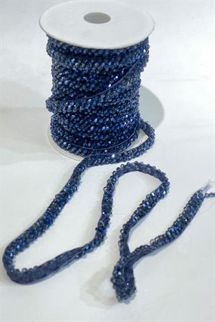İndigo Mavi Kristal Boncuk İşlemeli Şerit