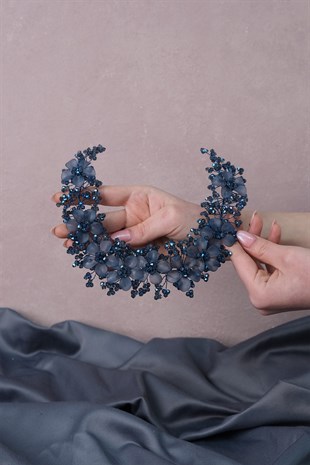 النيلي الأزرق نيدا زهرة المينا تاج الزفاف الشعر وإكسسوار العمامة