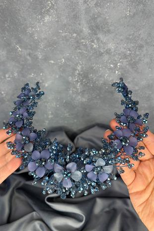 İndigo Mavi  Nileda Kristal Boncuklu Gelin Kına Tacı Saç Aksesuarı