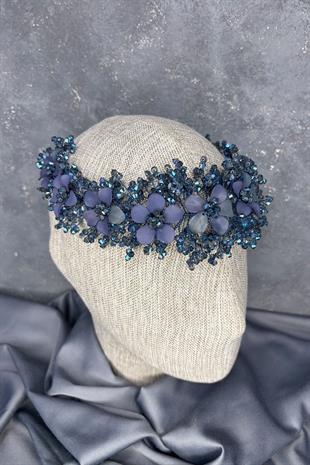 İndigo Mavi  Nileda Kristal Boncuklu Gelin Kına Tacı Saç Aksesuarı