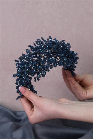İndigo Mavi Nilsu Boncuklu Gelin Tacı ve Türban Aksesuarı
