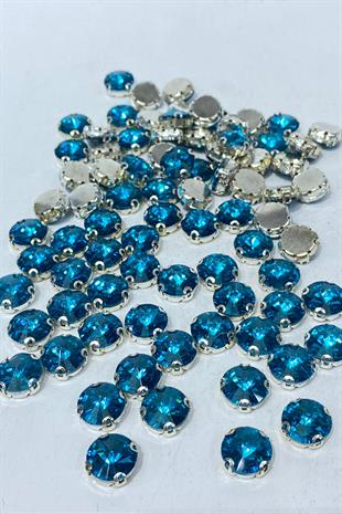 İndigo MaviYuvarlak Kasalı Dikme Cam Taş Kristal Boncuk 10 Adet