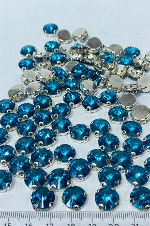 İndigo MaviYuvarlak Kasalı Dikme Cam Taş Kristal Boncuk 10 Adet