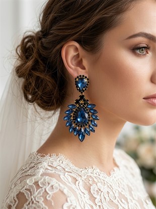 Iris Damla Mekikli Taşlı Abiye Lüx Gelin Küpesi 