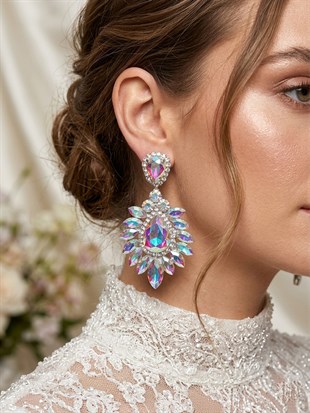 Iris Damla Mekikli Taşlı Abiye Lüx Gelin Küpesi 