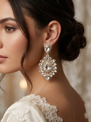 Iris Damla Mekikli Taşlı Abiye Lüx Gelin Küpesi 