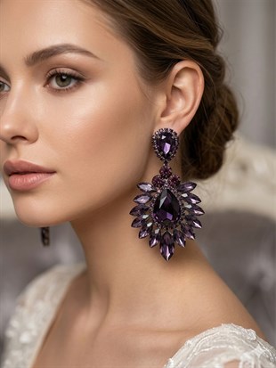Iris Damla Mekikli Taşlı Abiye Lüx Gelin Küpesi 
