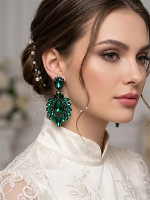Iris Damla Mekikli Taşlı Abiye Lüx Gelin Küpesi 