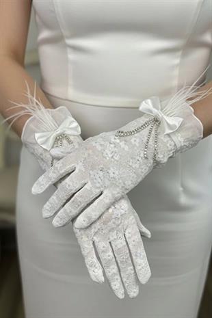Isabel Gelin Eldiveni - Taşlı Fiyonk Detaylı Zarif Nikah Eldiveni