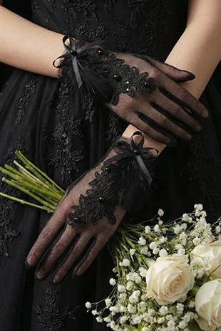 Isabella Black Lace Feathered Pearl Detail Evening Bridal Gloves