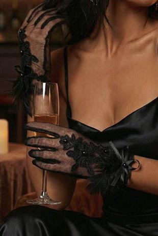 Isabella Black Lace Feathered Pearl Detail Evening Bridal Gloves