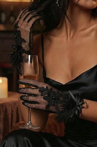 Isabella Black Lace Feathered Pearl Detail Evening Bridal Gloves