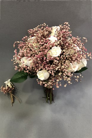 Islak Beyaz Gül Pudra ve Beyaz Cipsolu Gelin Buketi