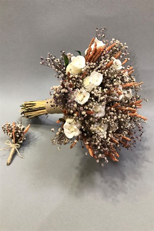 Islak Beyaz Gül Pudra ve Turuncu Cipsolu Gelin Buketi