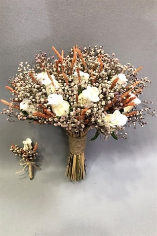 Islak Beyaz Gül Pudra ve Turuncu Cipsolu Gelin Buketi