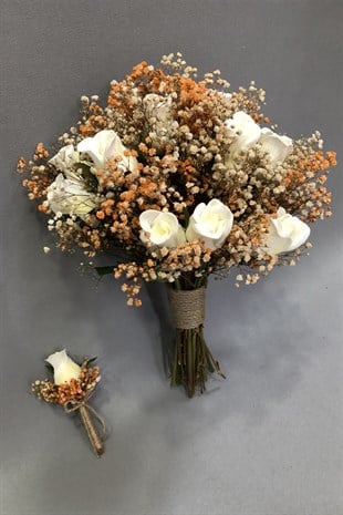 Islak Beyaz Gül Turuncu ve Krem Cipsolu Gelin Buketi