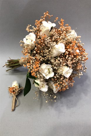 Islak Beyaz Gül Turuncu ve Krem Cipsolu Gelin Buketi