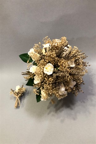 Islak Beyaz Gül ve Bej Cipsolu Gelin Buketi