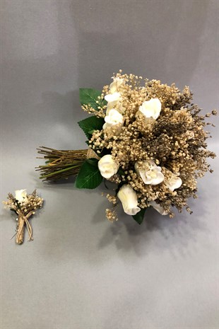 Islak Beyaz Gül ve Bej Cipsolu Gelin Buketi