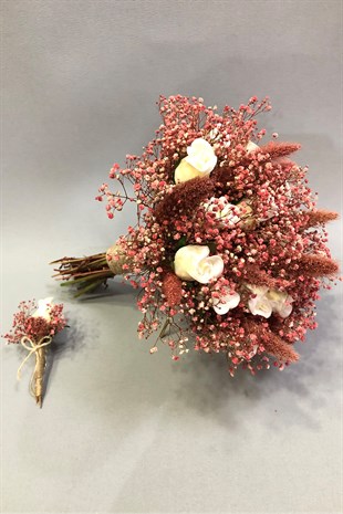 Islak Beyaz Gül ve Fuşya Cipsolu Gelin Buketi