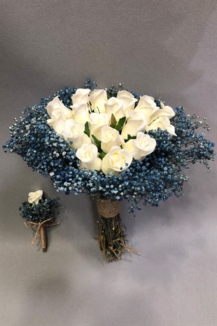 Islak Beyaz Gül ve Mavi Cipsolu Gelin Buketi