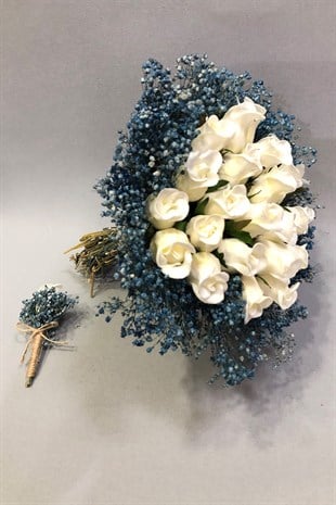 Islak Beyaz Gül ve Mavi Cipsolu Gelin Buketi