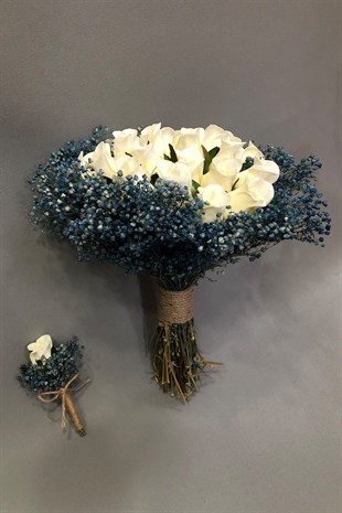 Islak Beyaz Gül ve Mavi Cipsolu Gelin Buketi