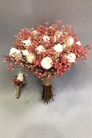 Islak Beyaz Gül ve Pembe Cipsolu Gelin Buketi