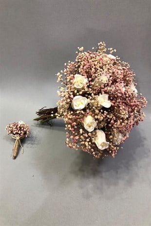 Islak Beyaz Gül ve Pudra Cipsolu Gelin Buketi