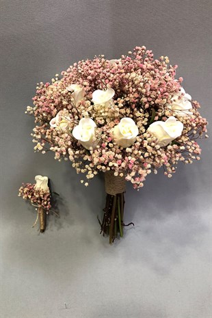 Islak Beyaz Gül ve Pudra Cipsolu Gelin Buketi