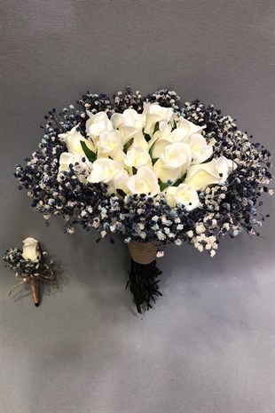 Islak Beyaz Gül ve Renkli Cipsolu Gelin Buketi