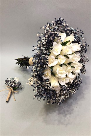 Islak Beyaz Gül ve Renkli Cipsolu Gelin Buketi