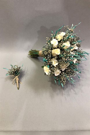 Islak Beyaz Gül ve Turkuaz Cipsolu Gelin Buketi
