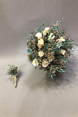 Islak Beyaz Gül ve Turkuaz Cipsolu Gelin Buketi