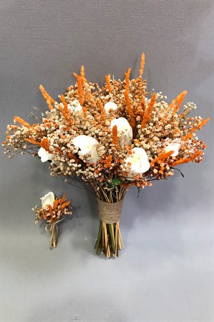 Islak Beyaz Gül ve Turuncu Cipsolu Gelin Buketi