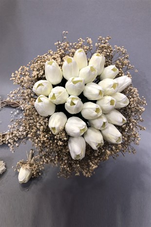 Islak Beyaz Laleli Cipsolu Gelin Buketi Seti