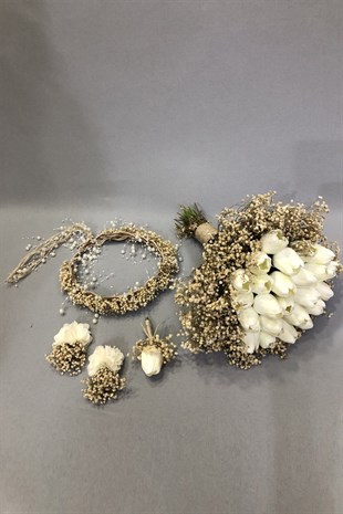 Islak Beyaz Laleli Cipsolu Gelin Buketi Seti