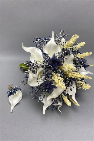 Wet Gala Bride Bouquet and Groom Boutonniere with Blue Gypsum