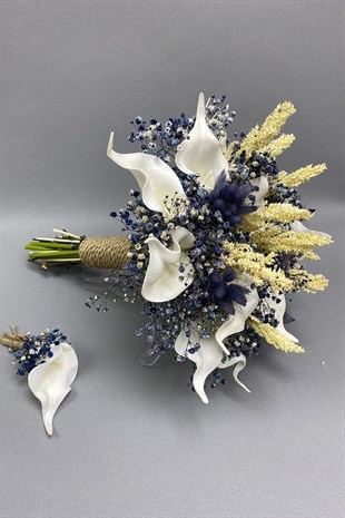 Wet Gala Bride Bouquet and Groom Boutonniere with Blue Gypsum