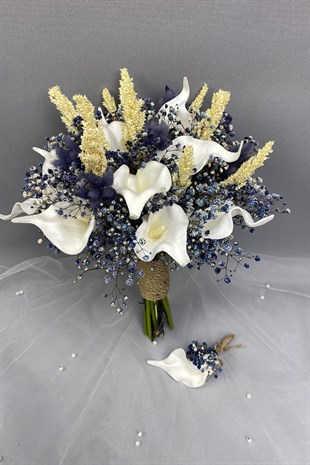 Wet Gala Bride Bouquet and Groom Boutonniere with Blue Gypsum