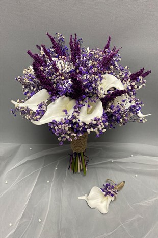 Wet Gala Bridal Bouquet and Groom Boutonniere with Purple Gypsum