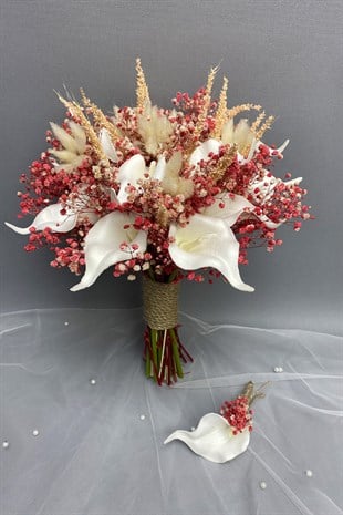Wet Gala Powder Bridal Bouquet and Groom Boutonniere with Gypsum