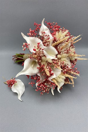 Wet Gala Powder Bridal Bouquet and Groom Boutonniere with Gypsum