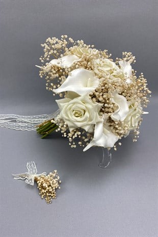 Wet Gala and Bride Bouquet with Velvet Roses and Groom Boutonniere