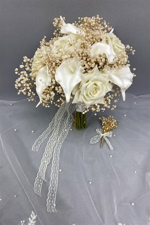 Wet Gala and Bride Bouquet with Velvet Roses and Groom Boutonniere