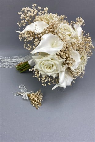 Wet Gala and Bride Bouquet with Velvet Roses and Groom Boutonniere