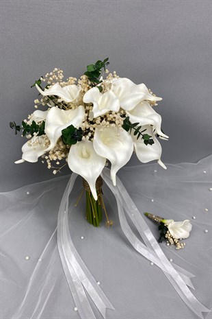 Islak Gala Yeşil Okaliptuslu Gelin Buketi ve Damat Yaka Çiçeği