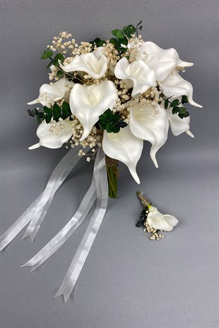 Islak Gala Yeşil Okaliptuslu Gelin Buketi ve Damat Yaka Çiçeği