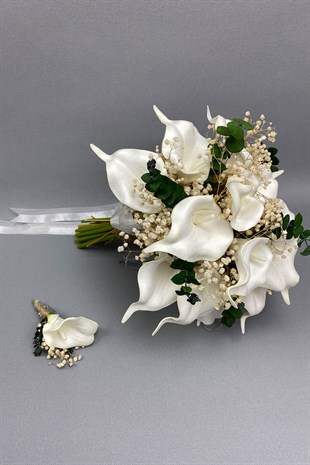 Islak Gala Yeşil Okaliptuslu Gelin Buketi ve Damat Yaka Çiçeği